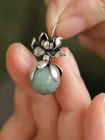 Women Vintage Jade Lotus Alloy Earrings