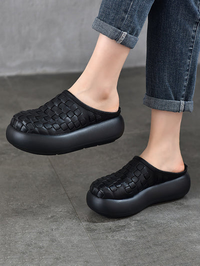 Women Genuine Leather Weave Platform Slippers