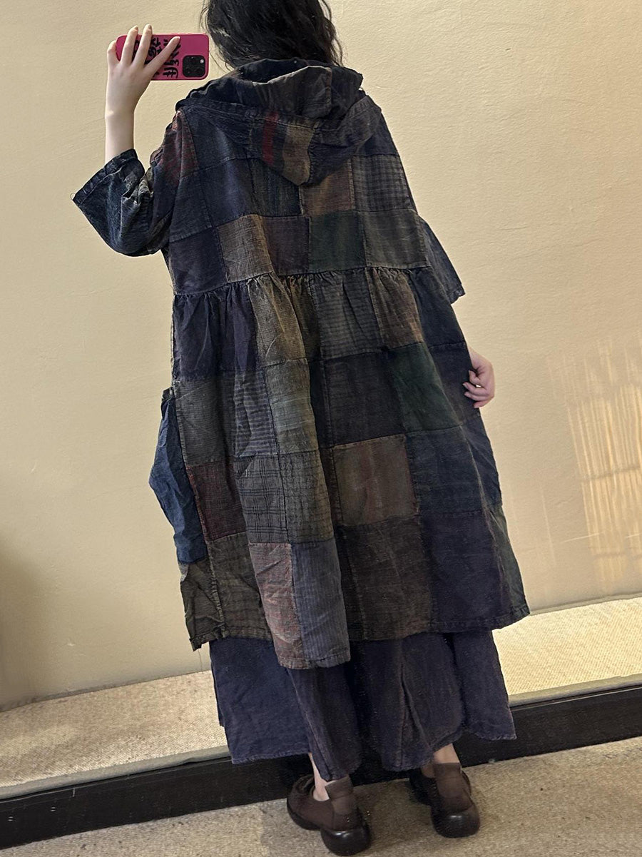 Women Vintage Patch Spliced Pocket Hooded Shirt Dress