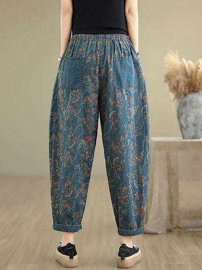 Women Retro Flower Patchwork Denim Harem Pants