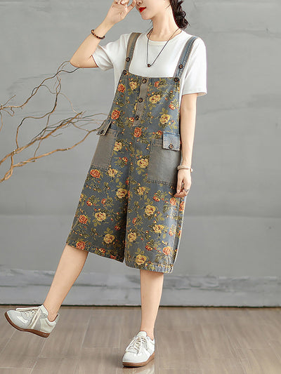 Women Summer Artsy Flower Denim Short Jumpsuits