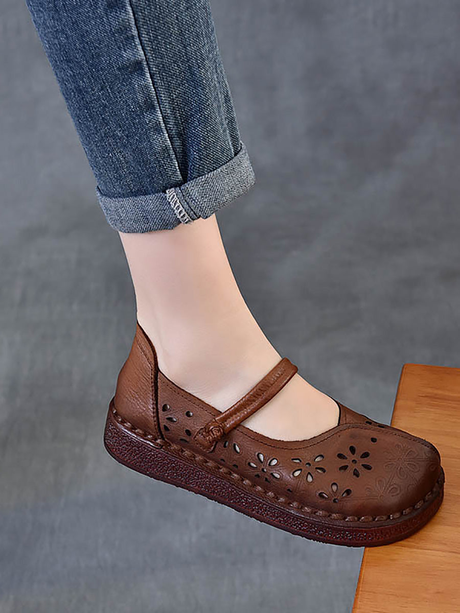 Women Vintage Leather Flower Hollow Out Low Heel Shoes