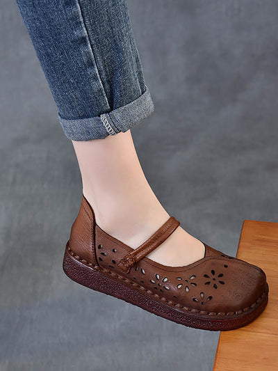 Women Vintage Leather Flower Hollow Out Low Heel Shoes