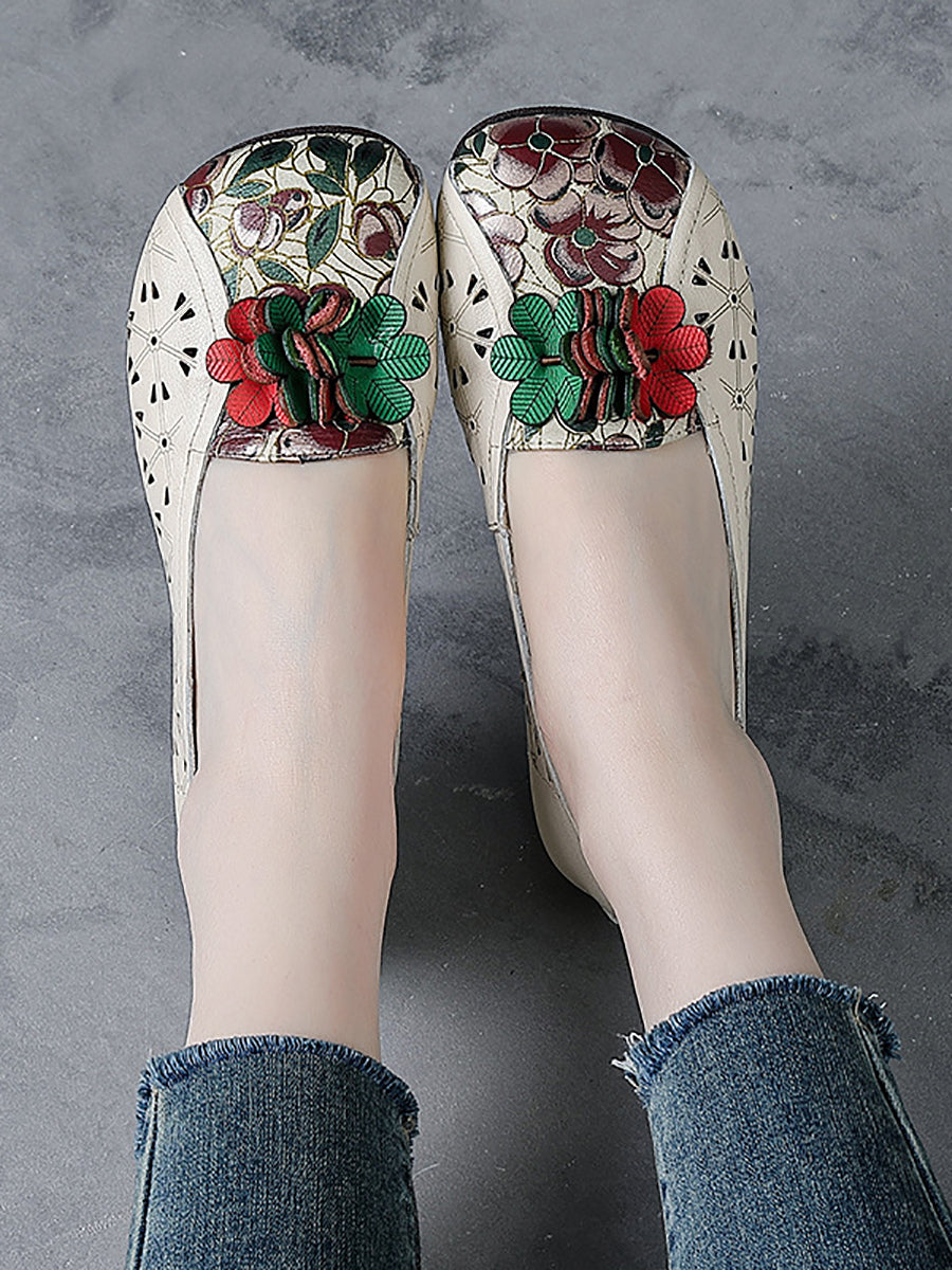 Women Summer Ethnic Flower Leather Spliced Shoes