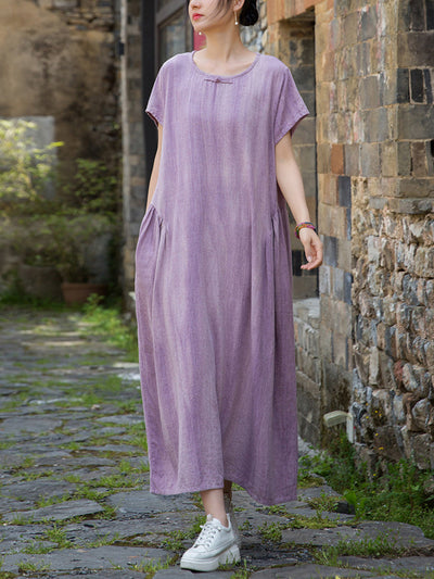 Women Summer Artsy Pure Color O-Neck Linen Dress