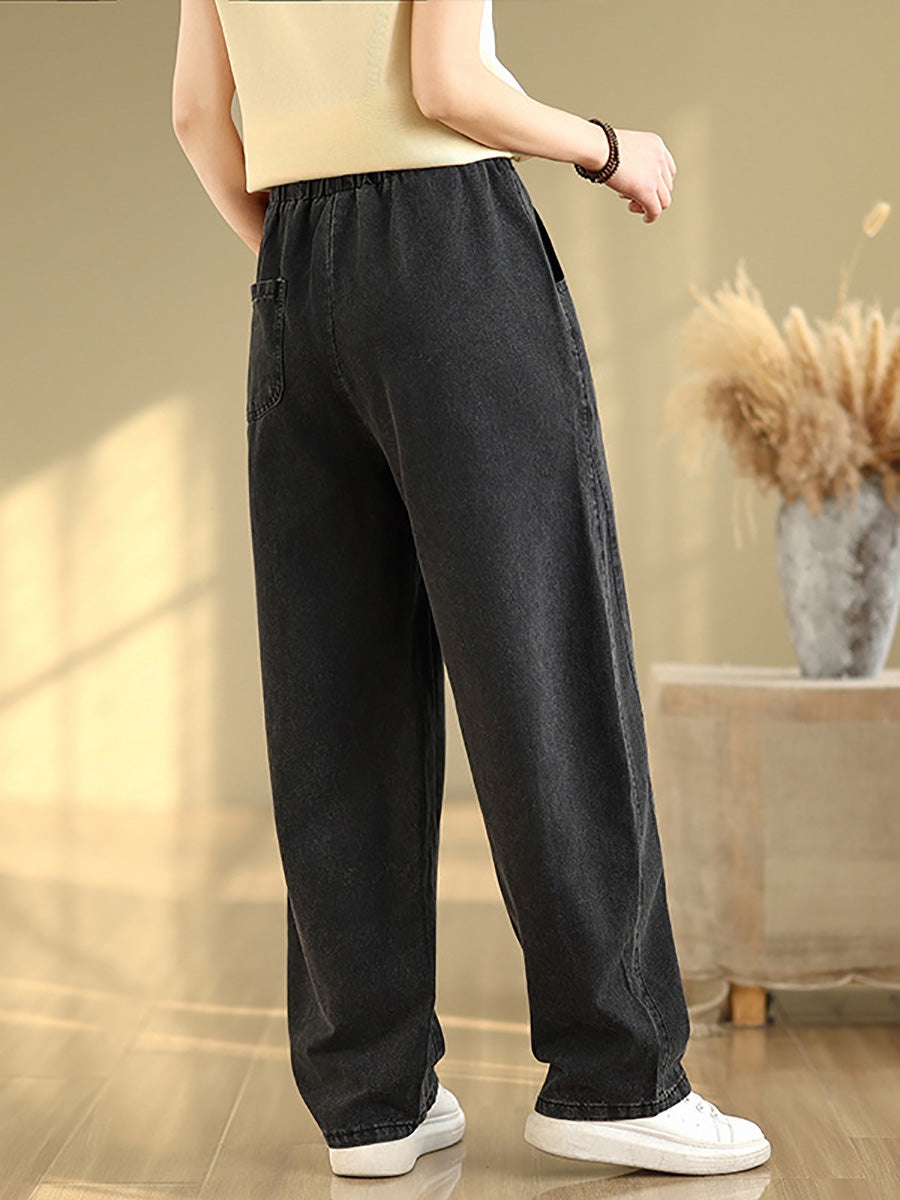 Women Casual Pure Color Denim Spliced Straight Pants