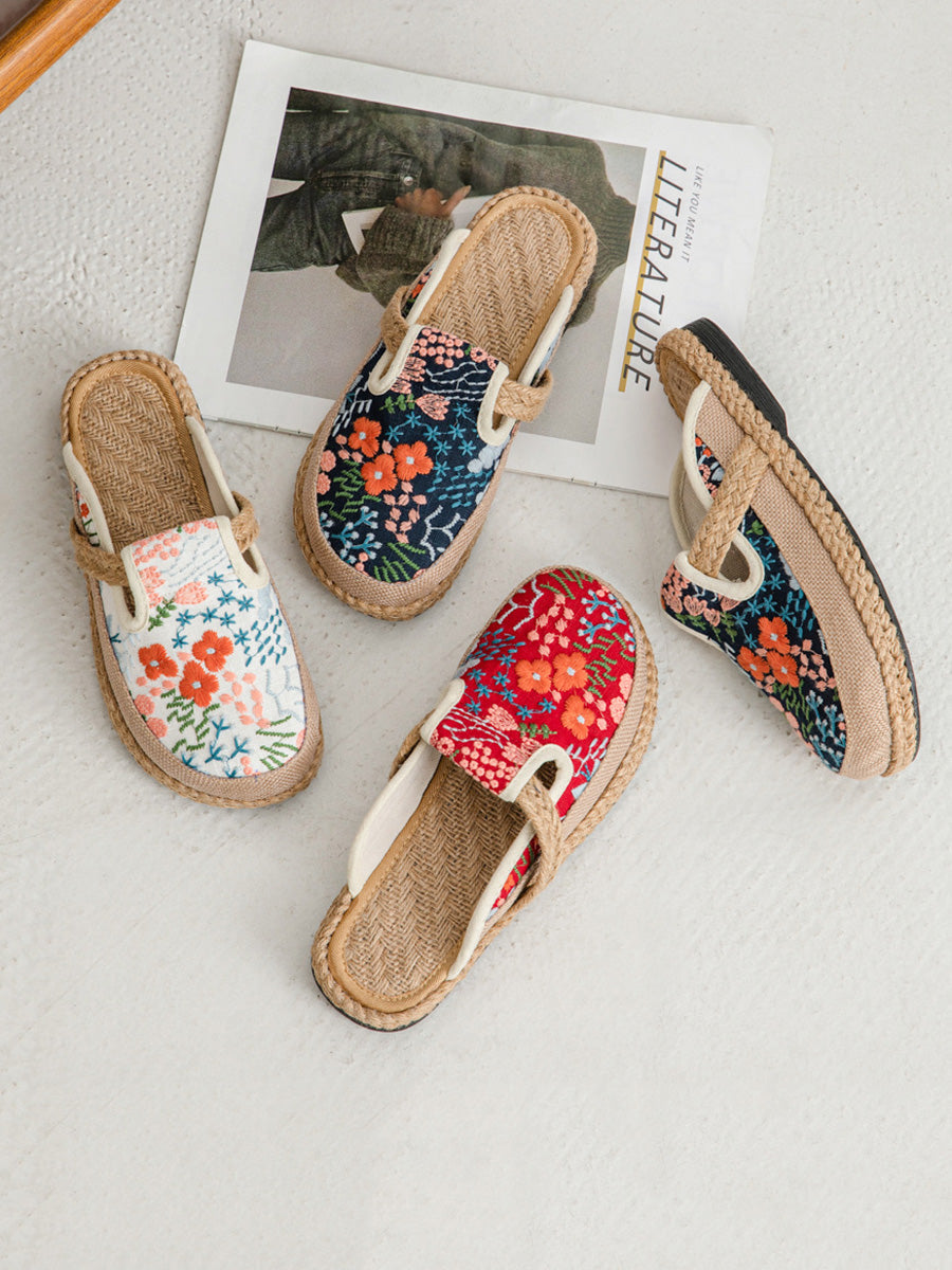 Women Summer Ethnic Flower Embroidery Cotton Slippers