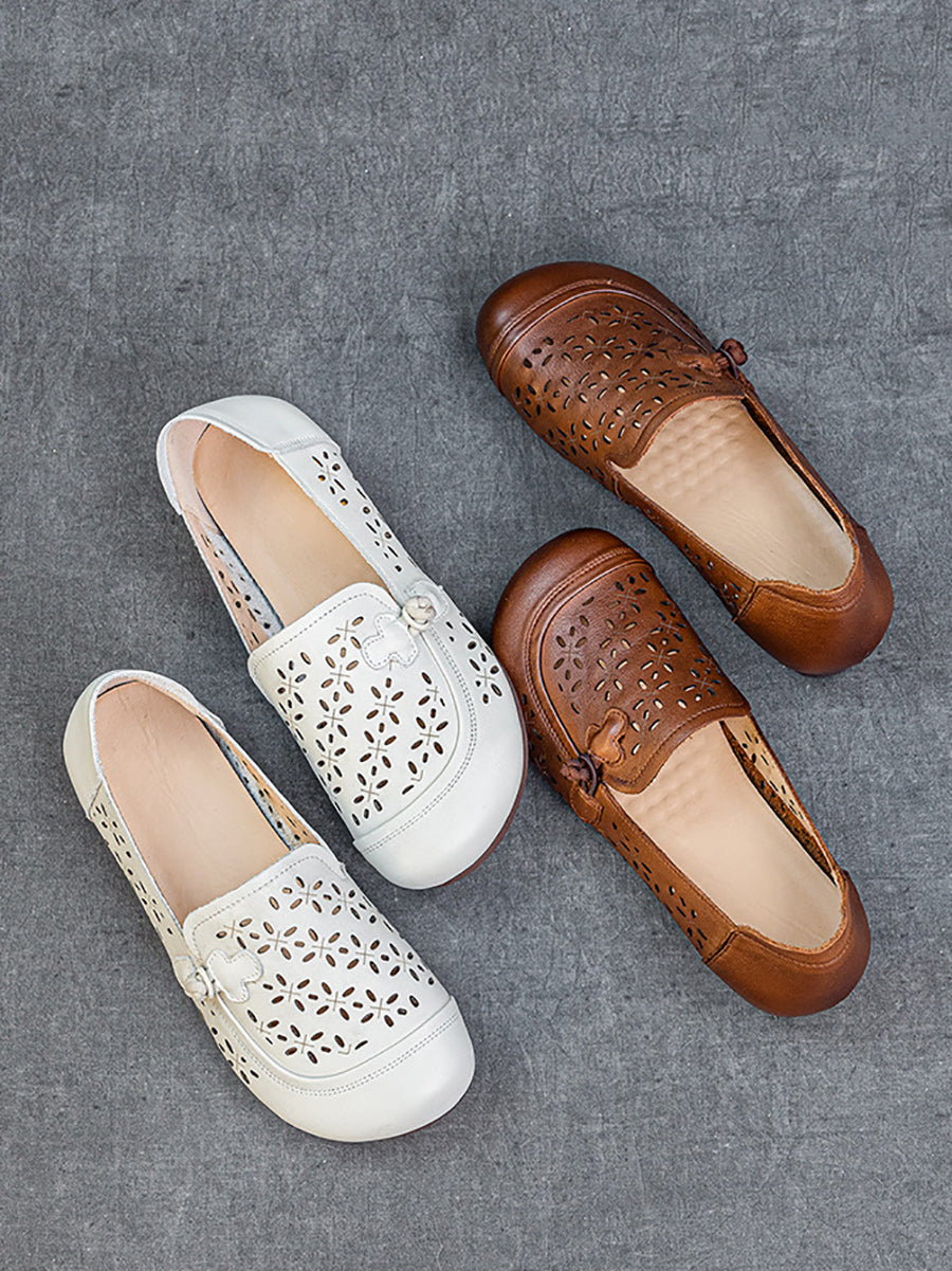 Women Vintage Genuine Leather Hollow Out Flat Shoes