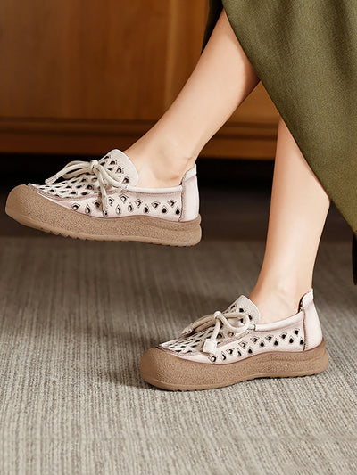 Women Summer Genuine Leather Hollow Out Flat Shoes