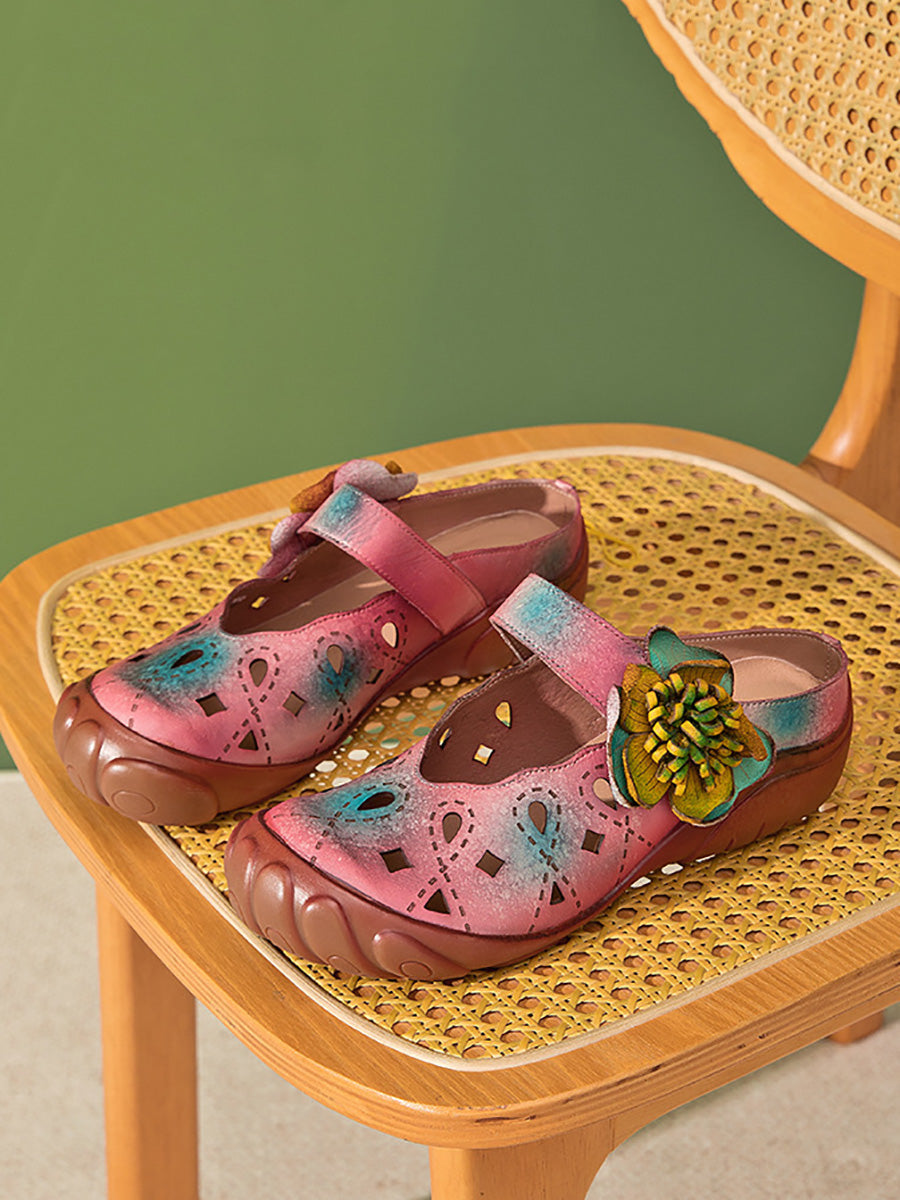 Women Artsy Colorblock Leather Flower Flat Sandals