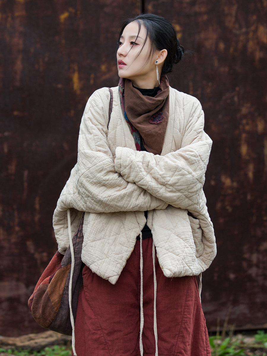 Women Winter Artsy Pure Color V-Neck Padded Coat