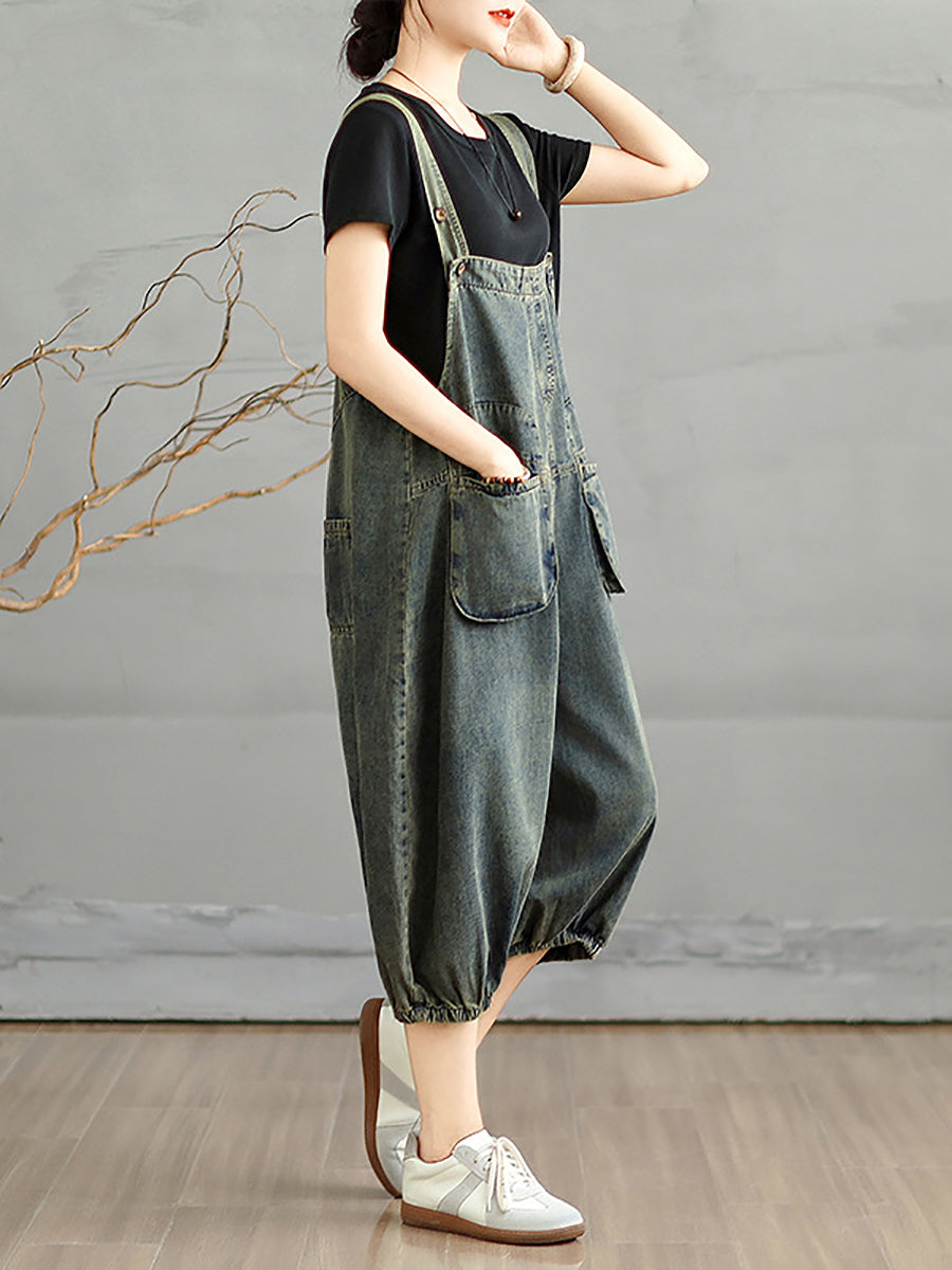 Women Summer Worn Pure Color Denim Cropped Jumpsuits