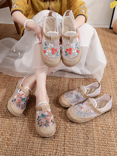 Women Ethnic Flower Embroidery Linen Shoes