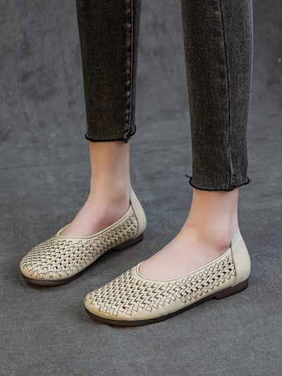 Women Summer Vintage Leather Weave Low Heel Shoes