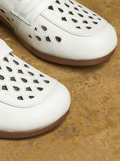 Women Summer Leather Hollow Out Mid Heel Shoes