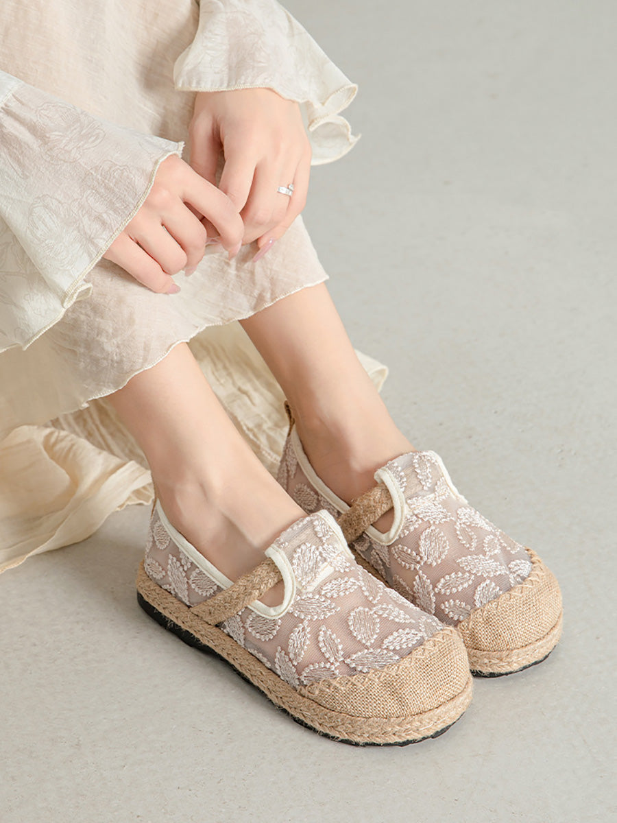 Women Summer Ethnic Linen Flower Embroidery Flat Shoes