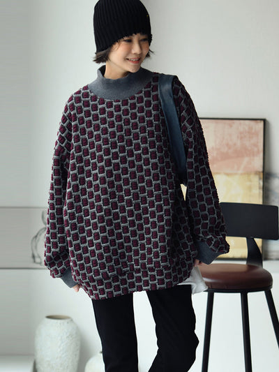 Women Artsy Plaid Fleece-lined Half-Turtleneck Blouse