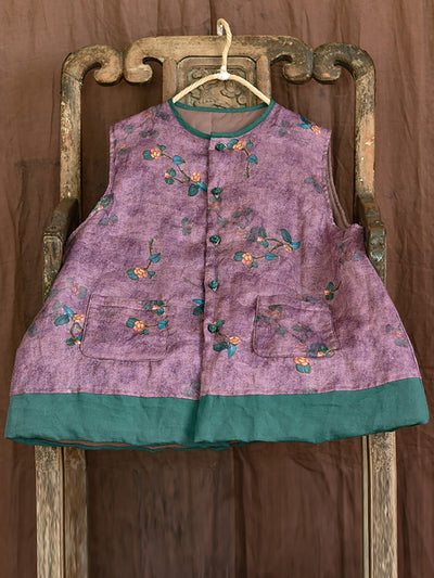 Women Ethnic Flower Print Spliced Warm Vest Coat