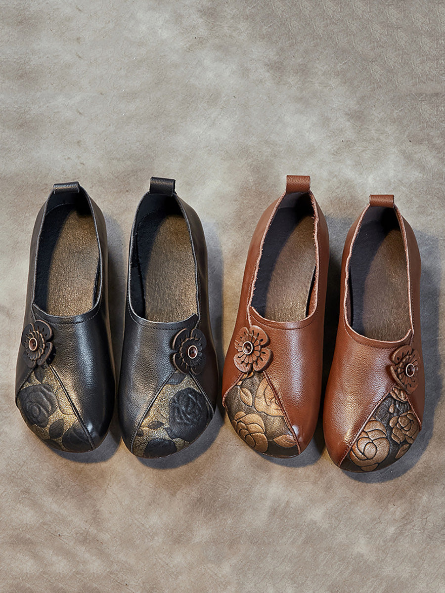 Women Retro Flower Leather Spliced Low Heel Shoes