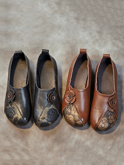 Women Retro Flower Leather Spliced Low Heel Shoes