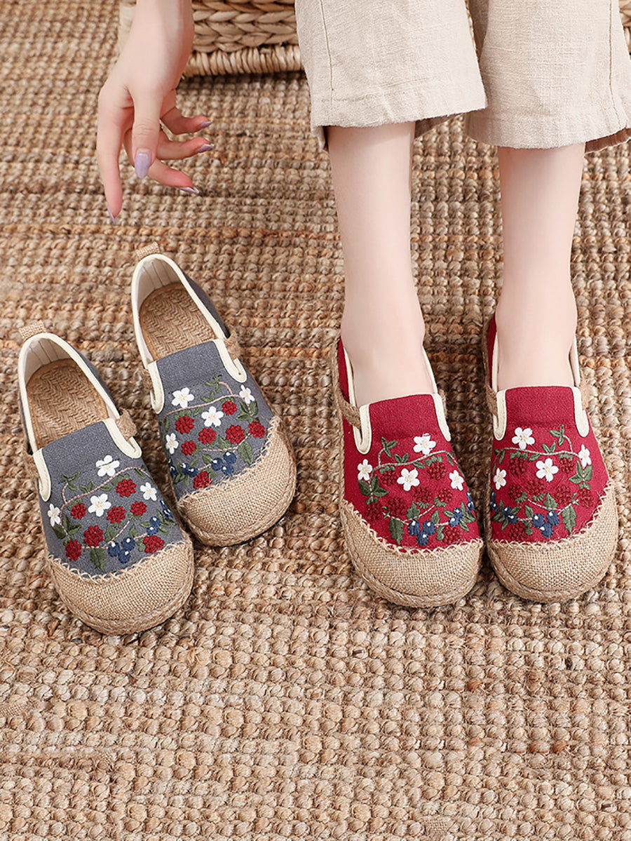 Women Ethnic Flower Embroidery Flat Linen Shoes