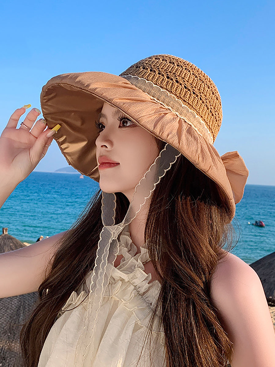 Women Summer Knitted Bowknot Spliced Sunproof Hat