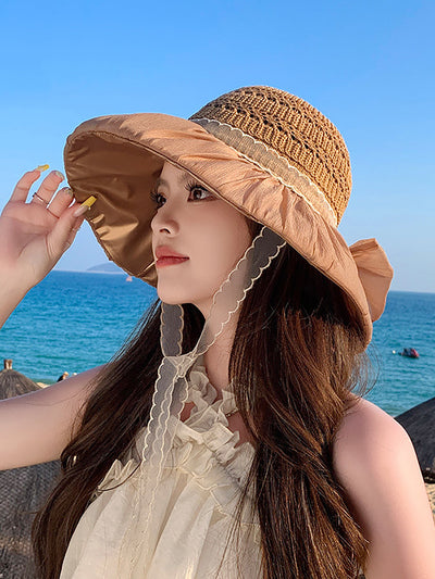 Women Summer Knitted Bowknot Spliced Sunproof Hat