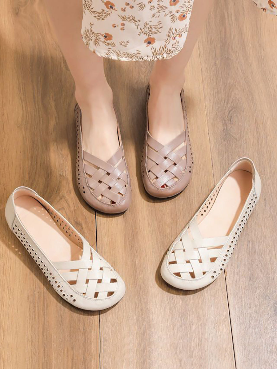 Women Summer Casual Leather Weave Low Heel Sandals