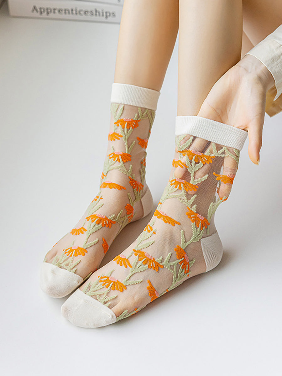 4 Pairs Women Summer Flower Jacquard Socks