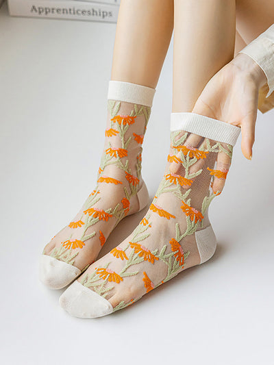 4 Pairs Women Summer Flower Jacquard Socks