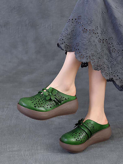 Women Ethnic Leather Flower Hollow Out Platform Slippers
