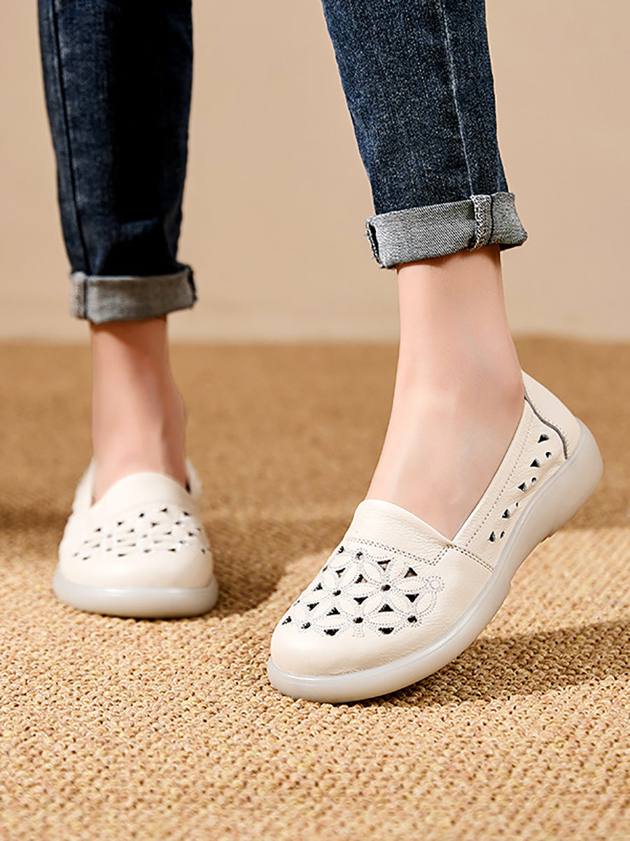 Women Summer Soft Leather Flower Mid Heel Shoes