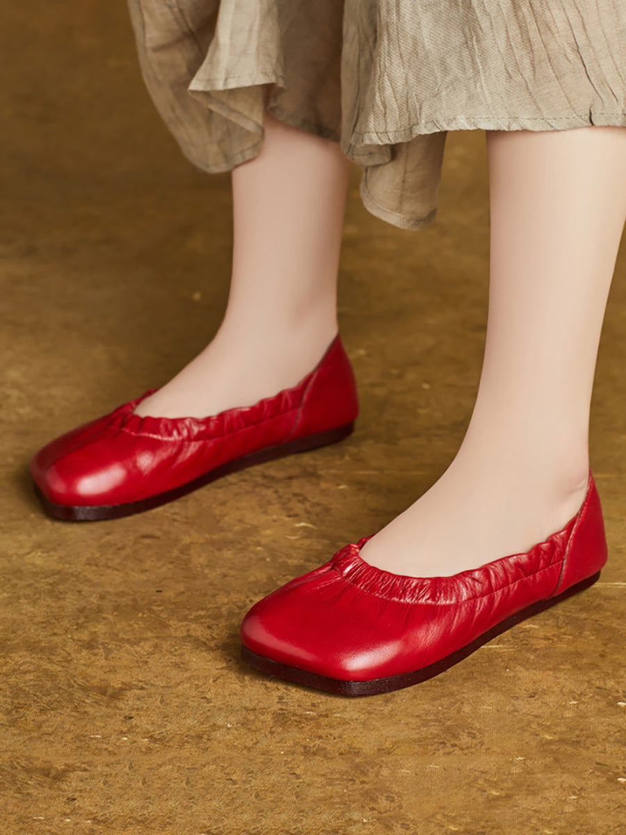 Women Summer Pure Color Soft Leather Flat Shoes