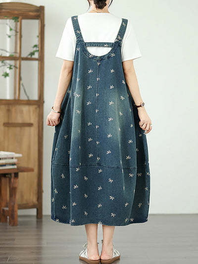 Women Summer Bowknot Embroidery Denim Overall Dress