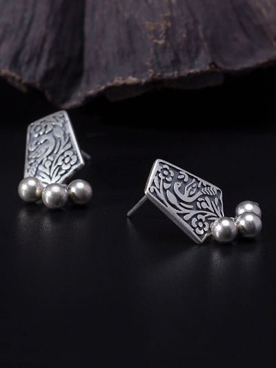 Women Vintage Silver Carve Bead Pendant Earrings