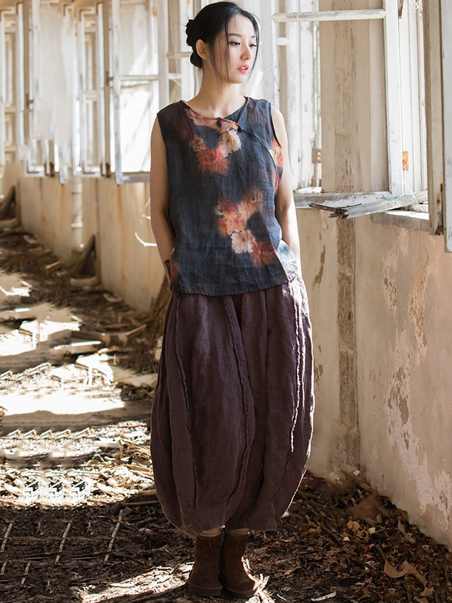 Women Summer Retro Flower Button Ramie Vest