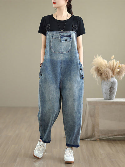 Women Summer Casual Pure Color Denim Loose Jumpsuits