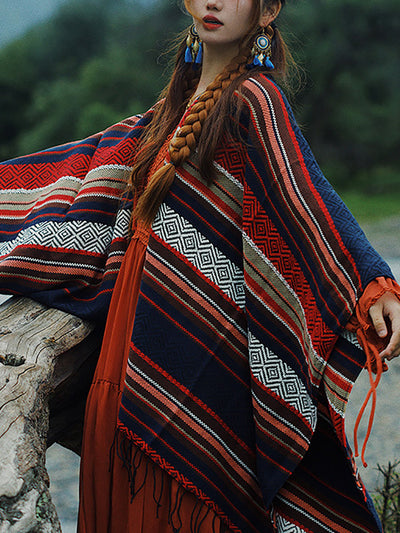 Women Ethnic Colorblock Stripe Tassel Shawl Scarf