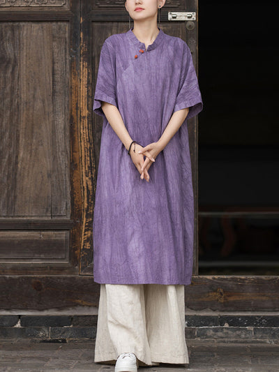 Women Summer Artsy Tie-dye Stand Collar Ramie Dress