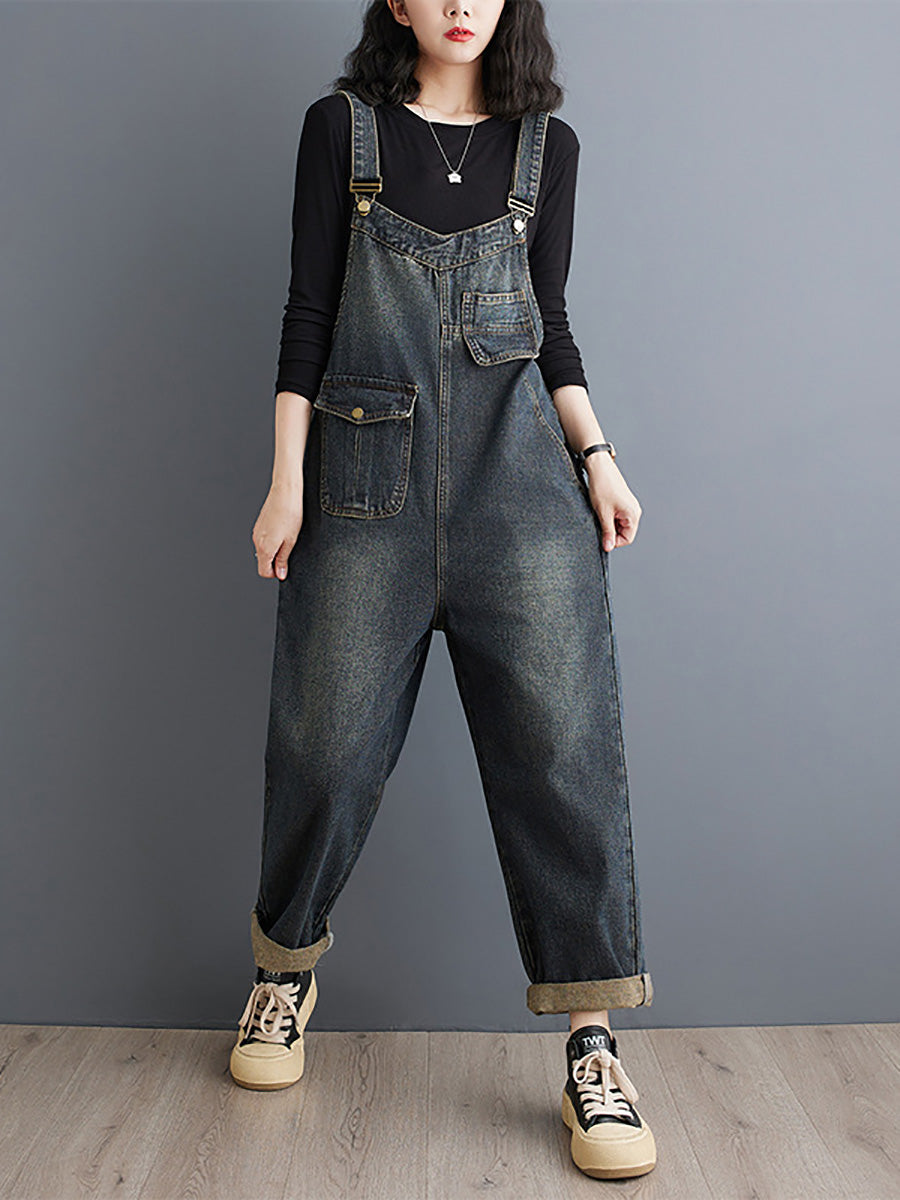 Women Summer Retro Pure Color Denim Long Jumpsuits