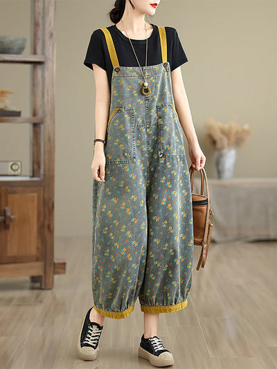 Women Summer Casual Floral Denim Wide-leg Jumpsuits