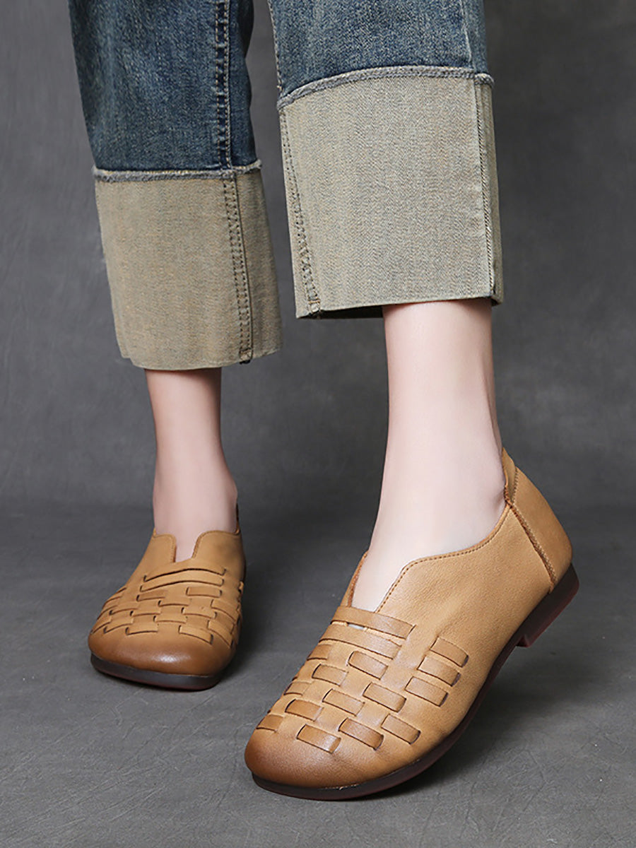 Women Retro Leather Weave Low Heel Shoes