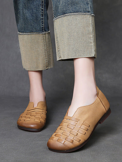 Women Retro Leather Weave Low Heel Shoes