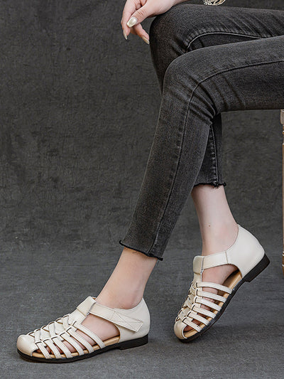 Women Vintage Summer Leather Cross Weave Sandals