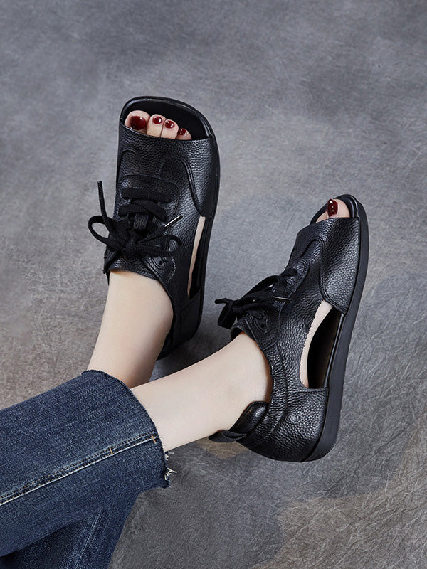 Women Summer Genuine Leather Open Toe Flat Sandals