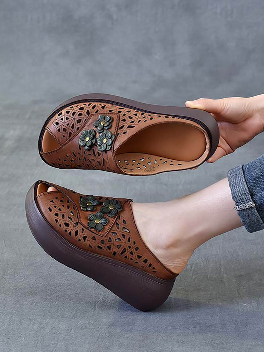 Women Ethnic Flower Leather Hollow Out Platfrom Slippers