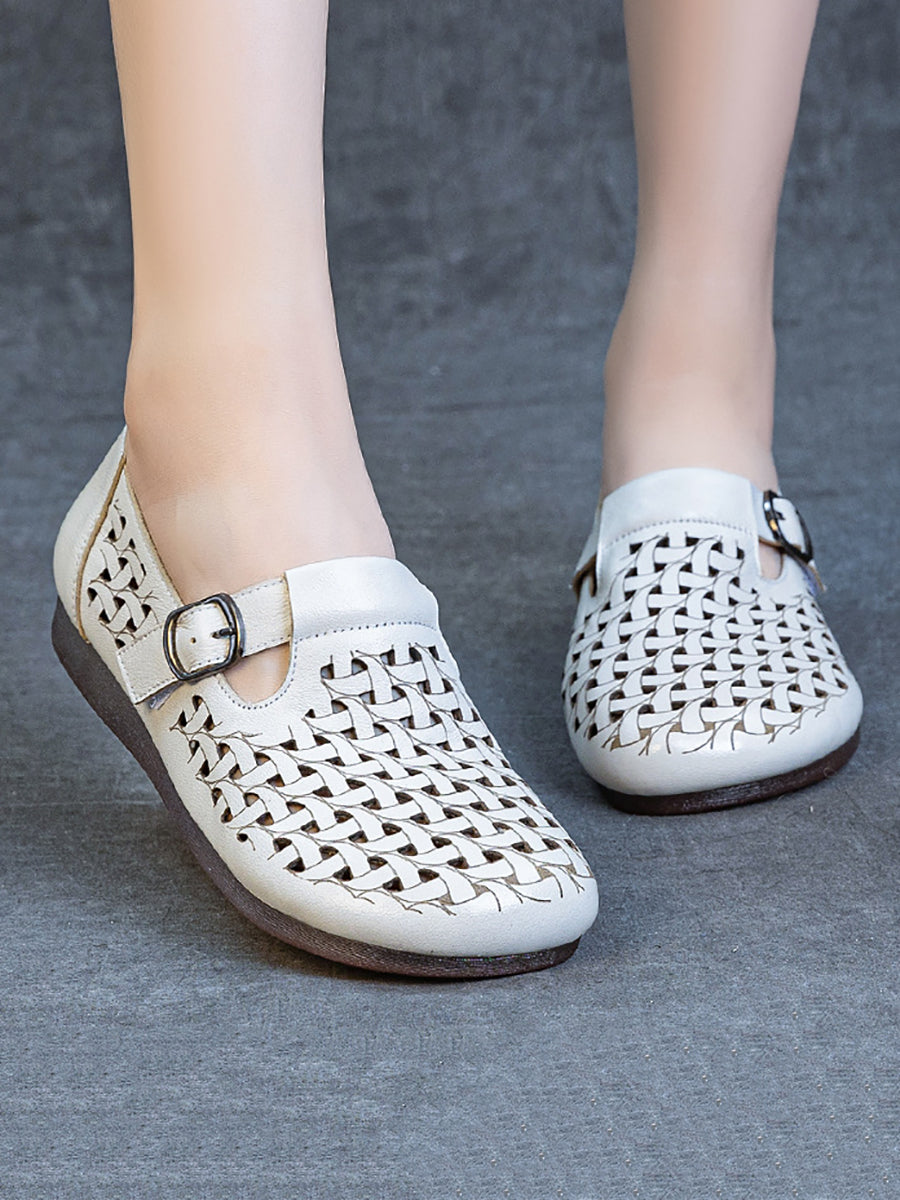 Women Casual Soft Leather Hollow Out Low Heel Shoes