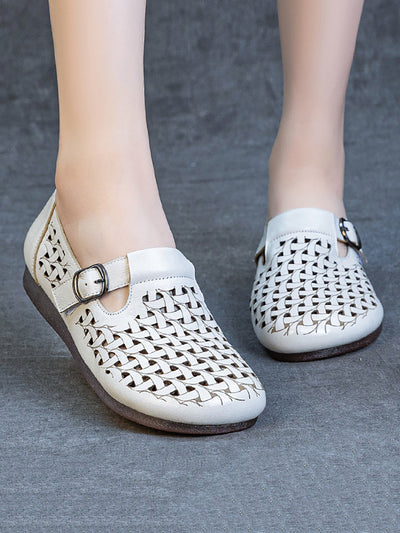 Women Casual Soft Leather Hollow Out Low Heel Shoes