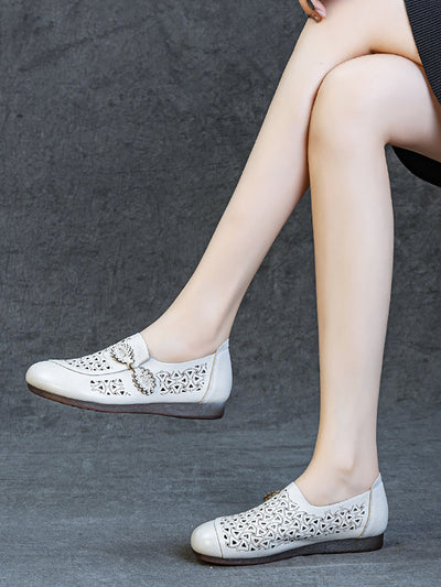 Women Summer Genuine Leather Hollow Out Low Heel Shoes