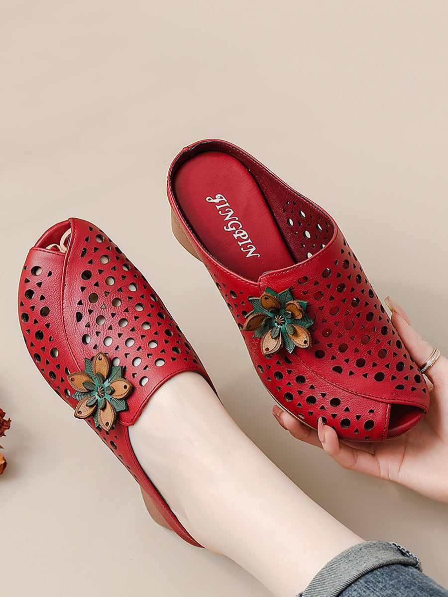 Women Summer Genuine Leather Flower Mid Heel Slippers